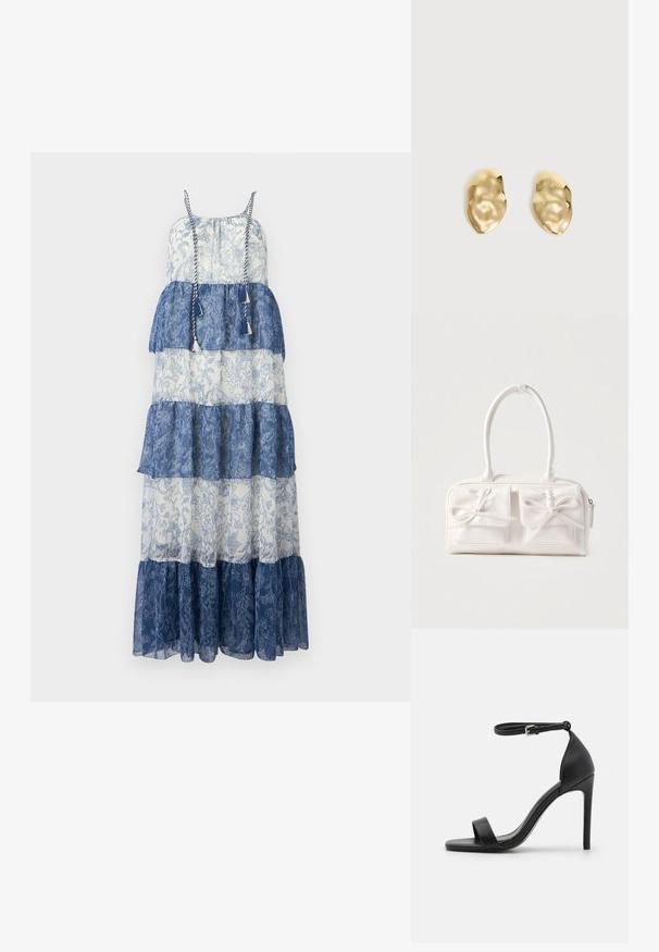 Maxikleid mit gestuftem Design, aus transparentem blau-weißen Stoff, mit floralen Mustern, verstellbaren Schulterbändern und Quastenakzenten.; Schwarze hochhackige Sandale mit elegantem Design, featuring einem Knöchelriemen, offener Zehenpartie und glattem Lederfinish.; Weiße synthetische Handtasche mit zwei vorderen Taschen, jeweils mit einer gebundenen Schleifendekoration. Glatte Textur, abgerundete Griffe und Reißverschluss.; Paar glänzende, unregelmäßig geformte Ohrstecker aus Goldmetall mit zerknitterter, glatter Oberfläche auf schlichtem hellem Hintergrund.