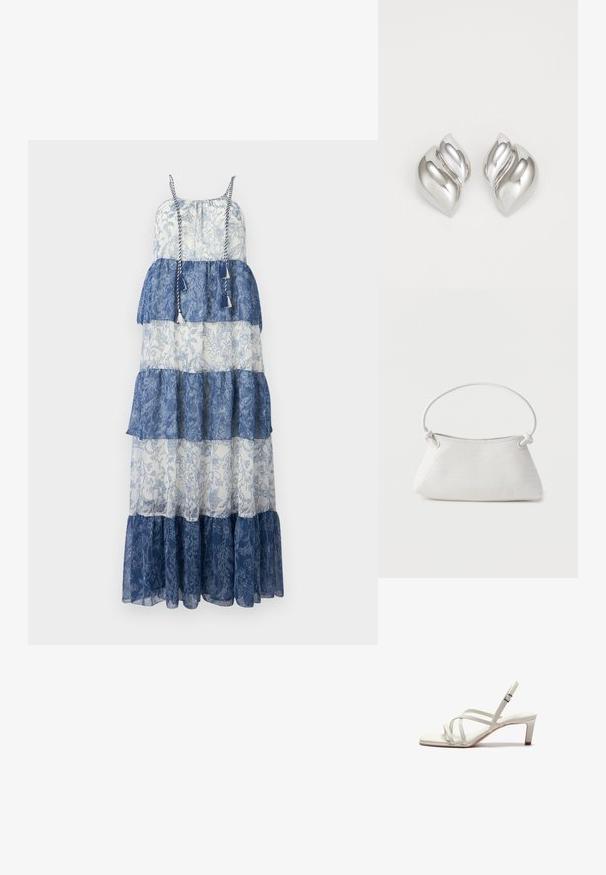 Vestido maxi con diseño en capas, confeccionado en una tela transparente de color azul y blanco, con patrones florales, tirantes ajustables y acentos de borlas.; Zign Tacones - off white; Bolso de mano de cuero blanco tejido con asa redondeada y extremos de la correa anudados, exhibido sobre un fondo liso.; Pendientes de plata con una forma orgánica y abstracta. Superficie lisa y brillante con un diseño cónico. Presentan suaves curvas y un detalle de línea central.