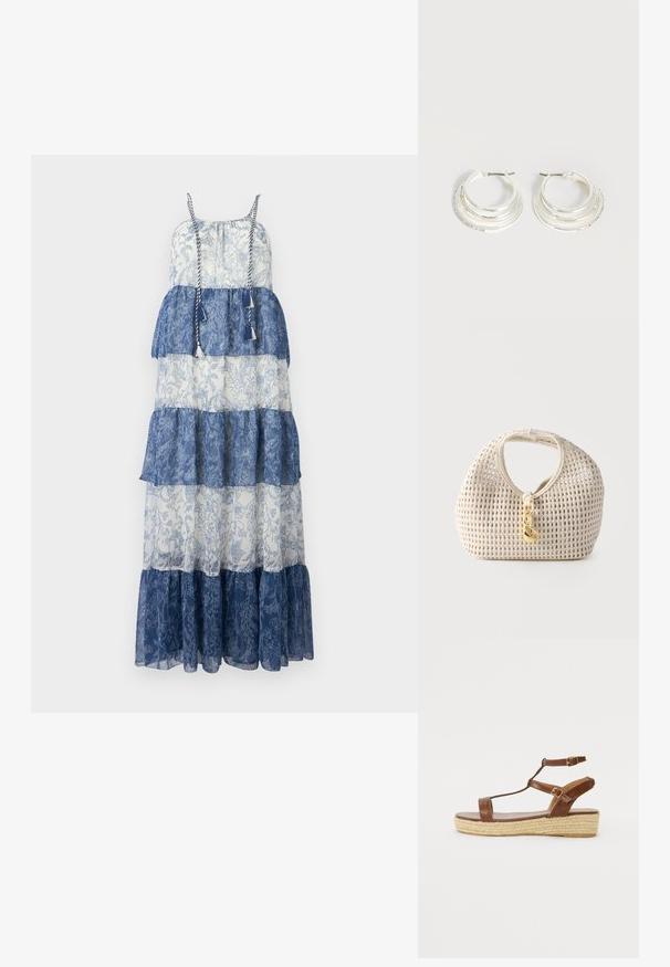 Vestido maxi con diseño en capas, confeccionado en una tela transparente de color azul y blanco, con patrones florales, tirantes ajustables y acentos de borlas.; Sandalia de cuero marrón con diseño de tira en T, correas ajustables en el tobillo y suela de cuña de yute trenzado. Perfil plano y acabado suave.; Bolso tejido de color crema con forma redondeada, asa corta y cierre decorativo dorado colgando en el centro delantero.; Pendientes de aro de plata con tres bandas semicirculares superpuestas, una adornada con pequeños cristales transparentes sobre un fondo claro.
