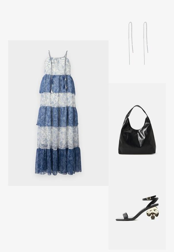Maxi kjole med lagdelt design, fremstillet af transparent blå og hvidt stof, med blomsterprint, justerbare skulderremme og kvastdetaljer.; Sort open-toe sandal med tynd ankelrem og dekorativ guldfarvet blokhæl formet som en blomst mod en ensartet lys baggrund.; Sort læder hobo taske med en blød, skinnende tekstur og en rund, åben top. Har en bred, buet strop til bæring. Ingen synlig hardware.; Sølv kædeøreringe med forlænget design, der har en delikat kæde og lige, tynde pendanter i enderne. Glat tekstur.