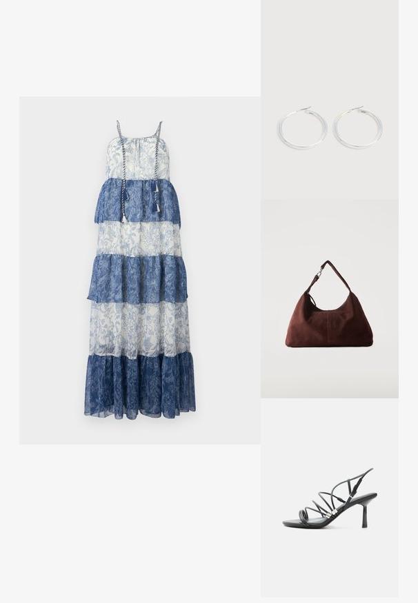Vestido maxi con diseño en capas, confeccionado en una tela transparente de color azul y blanco, con patrones florales, tirantes ajustables y acentos de borlas.; Sandalia negra de tacón alto con tiras finas y curvas, detalles plateados y una hebilla ajustable en el tobillo sobre un fondo blanco.; Bolso de hombro de ante marrón suave con una sola correa y herrajes de metal plateado sobre un fondo claro y liso.; Pareja de pendientes de aro plateados brillantes con cierres de alambre delgado, mostrados sobre un fondo gris claro.