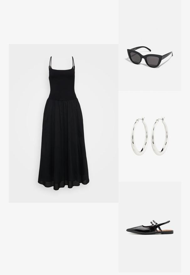 Zwarte mouwloze jurk met een aansluitende lijfje en een vloeiende, enkellange rok. Gemaakt van een lichtgewicht stof met een gladde textuur.; Zwarte gepatineerde leren slingback schoenen hebben een spitse neus, twee banden met gespsieraden en een platte zool.; Zwarte cat-eye zonnebril met een matte afwerking, voorzien van grijs getinte glazen, scherpe hoeken en slanke zijarmen. Merkennaam zichtbaar op de binnenarm.; Zilveren oorbellen in de vorm van een gladde, glanzende ring. Circulaire vorm, voorzien van een veilige sluiting. Eenvoudig en elegant ontwerp.