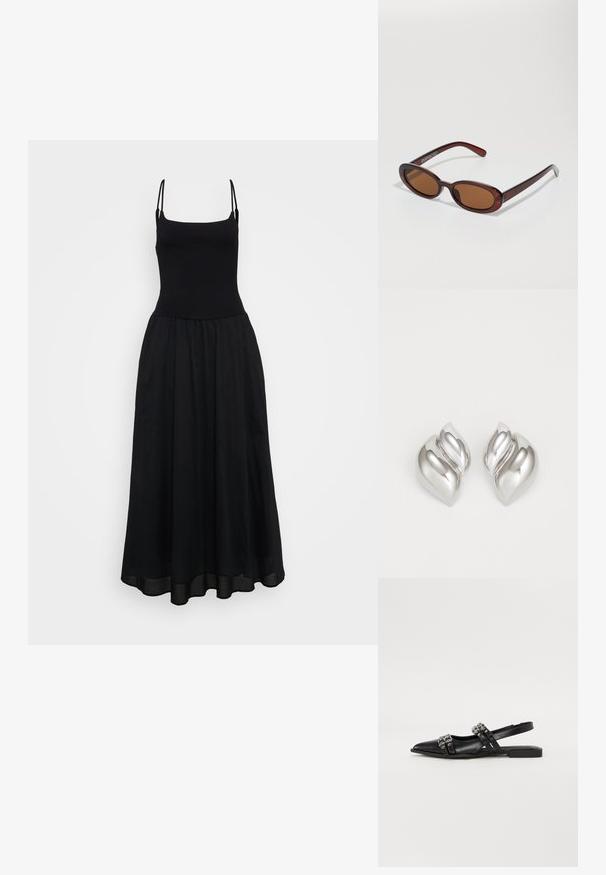 Zwarte mouwloze jurk met een aansluitende lijfje en een vloeiende, enkellange rok. Gemaakt van een lichtgewicht stof met een gladde textuur.; Even&Odd Slingback ballerina´s - black; Ronde, bruin getinte zonnebril met een glanzend bordeauxrood frame. Slanke pootjes met subtiele merkdetails. Vlakke lensontwerp.; Zilveren oorbellen met een organische, abstracte vorm. Gladde, glanzende oppervlakte met een taps toelopend ontwerp. Beschikken over subtiele rondingen en een centrale lijn detail.