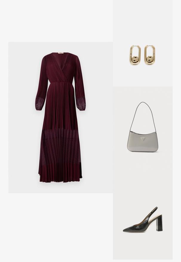Bordeaux plisséd maxi-jurk met een wikkelnack, lange doorschijnende mouwen en een stippenmesh zoomdetail. Lichtgewicht stof met gestructureerde draping.; Zwarte leren slingback schoen met puntige neus, blokhak en klein logo aan de zijkant, op een effen witte achtergrond.; Grijze schoudertas van lakleer met een gebogen ontwerp, zwarte bies en een zilverkleurige logoplaat aan de voorkant. Verstelbare riem voor veelzijdig gebruik.; BOSS DOUBLE B SWING - Oorbellen - gold-coloured