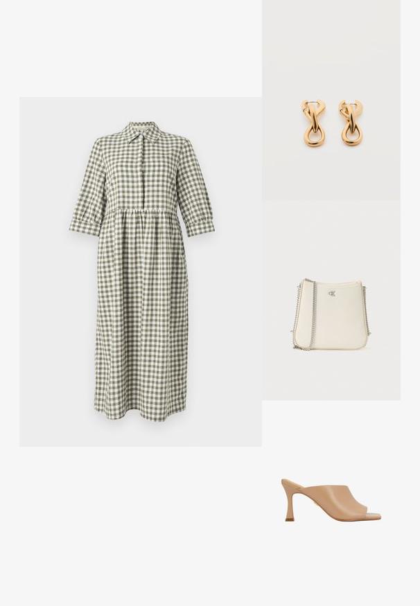 Robe longue à boutons faite de tissu vichy vert et blanc. Dotée d'un col, de manches trois-quarts et d'une taille froncée.; Mules à talons ouverts beige avec une texture en cuir lisse ; dotées d'un talon sculpté avec un accent doré et un design minimaliste.; Sac à main en simili cuir blanc avec une forme incurvée. Il dispose d'une bandoulière en chaîne argentée et d'un petit logo en accent à l'avant. Design épuré.; Paire de boucles d'oreilles créoles en bouclettes dorées brillantes sur fond blanc uni, présentant un design torsadé entrelacé.