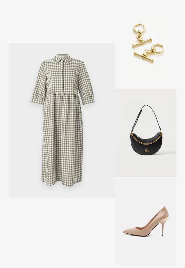 Robe longue à boutons faite de tissu vichy vert et blanc. Dotée d'un col, de manches trois-quarts et d'une taille froncée.; Escarpin beige brillant à talon haut avec bout pointu et talon fin, avec un petit détail doré près du talon sur un fond gris clair uni.; Sac à main noir en forme de croissant avec une fine bandoulière réglable, détail chaîne dorée et logo « KZ » doré sur le devant.; Boucles d'oreilles en métal doré présentant un hoop circulaire et un design de fermoir décoratif avec des accents en barre allongée. Texture lisse et finition brillante.