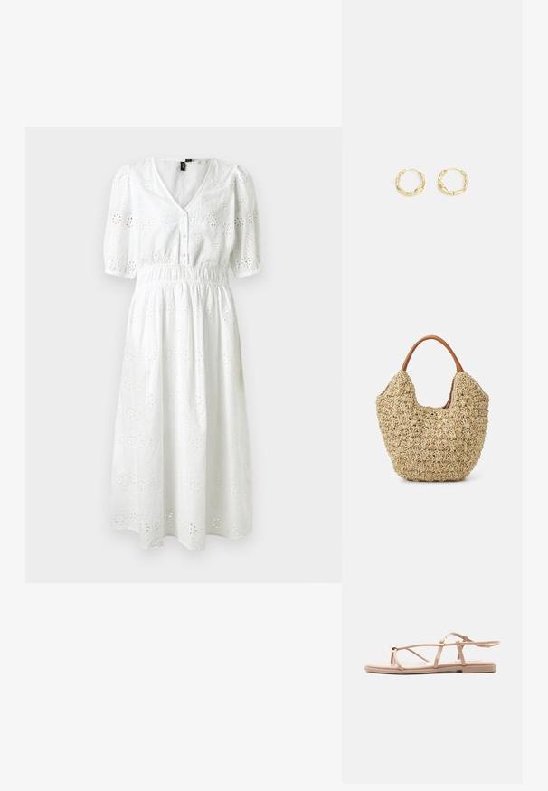 Robe en coton blanche avec des manches courtes bouffantes, décolleté en V, fermeture à boutons, taille élastique et motif floral en œillets sur toute la surface.; Sandale plate beige avec fines brides, boucle à la cheville et détail décoratif doré sur la boucle d’orteil, présentée sur fond blanc.; Sac fourre-tout en paille tissée avec une texture naturelle et une forme douce et organique, doté de poignées en cuir brun pour un transport facile.; Boucles d'oreilles en or en forme de créole avec une surface texturée et irrégulière. Présentent un design léger et une forme circulaire, adaptées à un port quotidien.