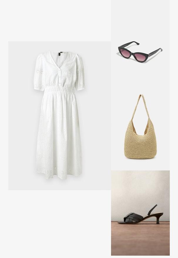 Hvid bomulds kjole med korte puffærmer, V-hals, knaplukning, elastisk talje og blomstret broderet mønster hele vejen igennem.; Sort læderslingback-sandal med flettede remme og lav kitten-hæl, vist mod en sløret mørkegrå baggrund.; Katteøje solbriller med sorte plastikrammer og gradient pink linser. Har et skinnende metallisk logoaccents på stangen.; Vævet stråtaske i lys beige, med en buet skulderrem og et rummeligt, åbent design med en tekstureret overflade.