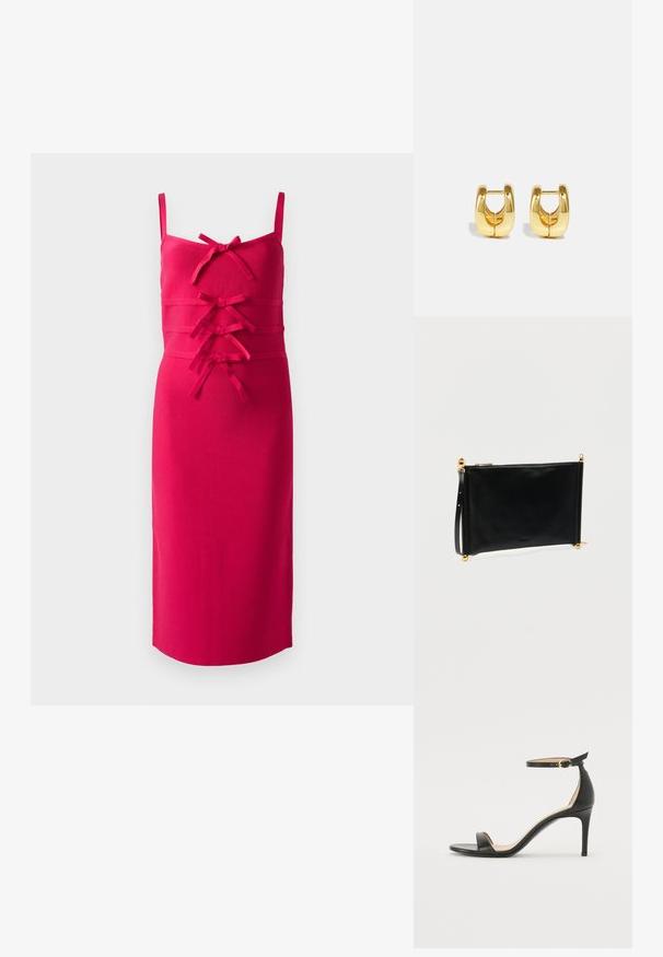 Vestido ajustado sin mangas de tela rosa brillante. Presenta una superficie texturizada y lazos decorativos en la parte delantera. Ribete recto.; Sándalo de tacón alto de piel negra con tiras en el tobillo. Presenta una textura suave, puntera abierta y un tacón delgado. Detalles de hebilla en tono dorado.; Bolso clutch de cuero negro con textura suave, con detalles de metal dorado, cierre de cremallera y correa de muñeca desmontable.; Pendientes de aro de oro con un diseño elegante y redondeado. Presentan un centro hueco y una superficie brillante, complementando estilos modernos.