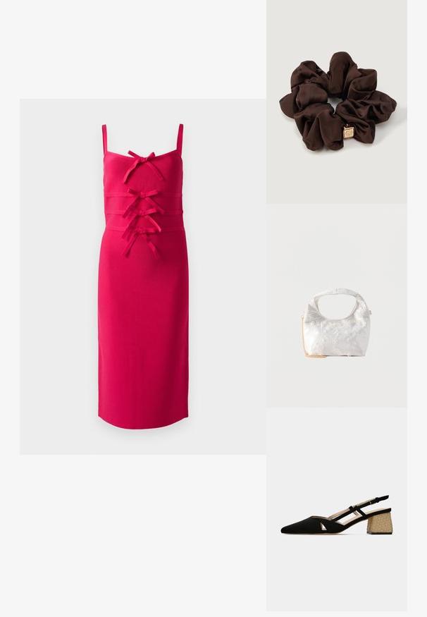 Tætsiddende, ærmeløs kjole i lys pink stof. Har en struktureret overflade og dekorative sløjfer hen over forsiden. Lige søm.; Sort ruskind slingback sko med spids tå og udskåret design. Har en lav, tekstureret halm hæl for ekstra detaljer og stabilitet.; Hvid satin håndtaske med blomsterbroderi, rundt udskåret håndtag og fastgjort guld kædesele mod en ensartet lys baggrund.; Brun satin scrunchie med en tekstureret overflade og en gylden firkantet charm-vedhæng. Blødt, samlet design til hårstyling eller dekoration.