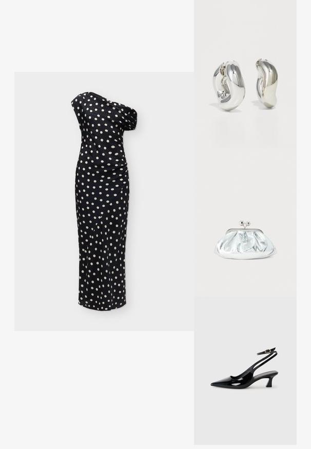 Robe longue noire à une épaule avec des pois blancs et un détail froncé sur le côté.; Escarpins à brides arrière en cuir verni noir, à bout pointu, avec un petit talon carré et une sangle de cheville ajustable dotée d'une boucle dorée.; Petit sac pochette métallique argenté avec un design arrondi et froncé, fermeture à clip avec deux boules argentées.; Boucles d'oreilles sculpturales en argent avec des formes douces et courbes et des surfaces réfléchissantes. Présentent un design de boucle fermée et une forme organique distincte.