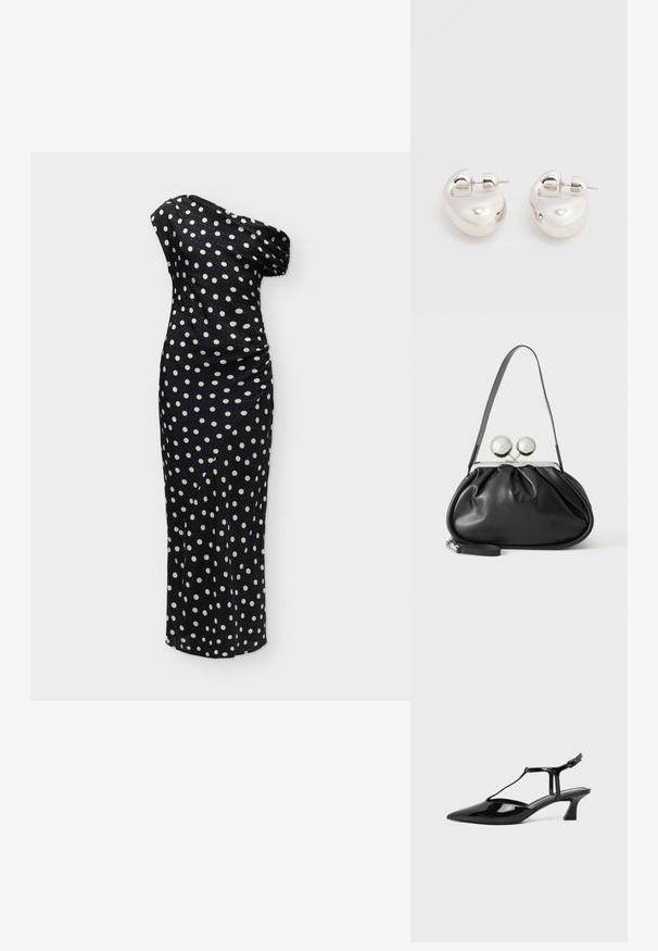 Robe longue noire à une épaule avec des pois blancs et un détail froncé sur le côté.; Chaussure slingback en cuir verni noir à bout pointu avec bride en T et petit talon bloc incliné sur fond blanc.; Sac à main en cuir noir avec un design plissé, une sangle unique, un cadre métallique argenté et deux grandes fermoirs ronds en argent.; Paire de boucles d'oreilles argentées brillantes et épaisses avec fermoirs à tige, sur fond blanc uni.