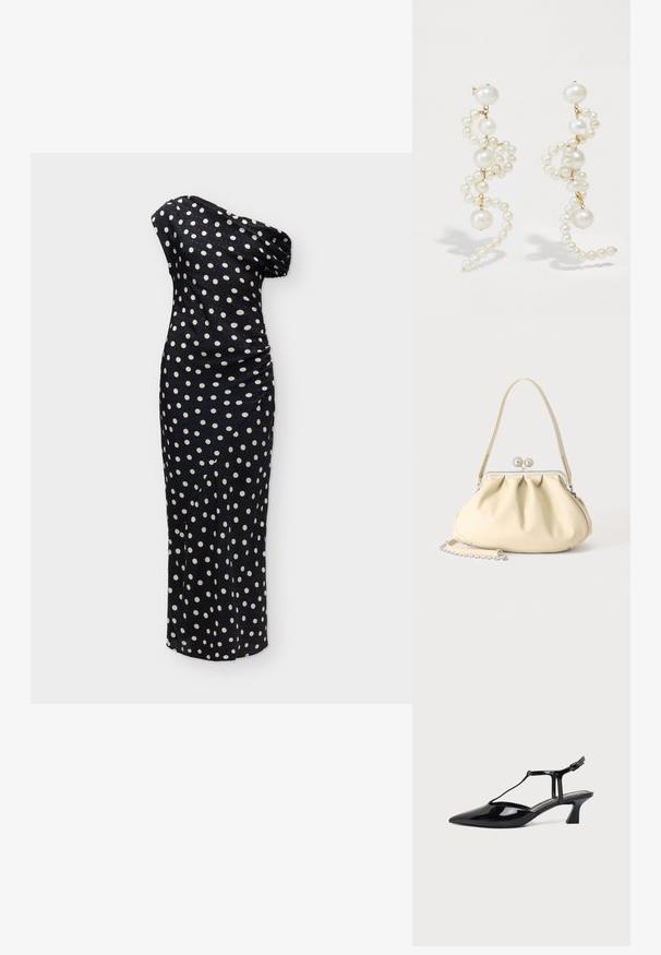 Robe longue noire à une épaule avec des pois blancs et un détail froncé sur le côté.; Chaussure slingback femme en cuir verni noir à talon bas, bout pointu et fine bride avec petite boucle.; Sac à main en cuir souple couleur crème avec un design froncé, fermoir cadre argenté, poignée courte et bandoulière chaîne amovible.; Boucles d'oreilles en perles blanches avec un design torsadé, mettant en valeur des perles de tailles variées et des accents dorés. Texture lisse et forme élégante.