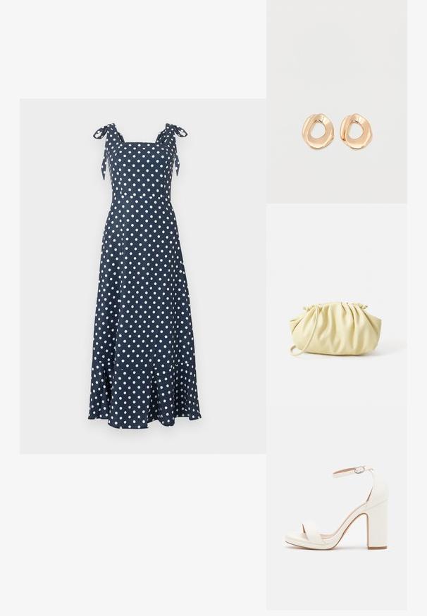Robe maxi bleu marine sans manches à pois blancs, décolleté carré, taille cintrée et bretelles à nouer sur les épaules.; Sandale à talon haut blanche avec une bride de cheville, design minimaliste, bout ouvert, talon carré et texture en cuir lisse.; Sac à main plissé jaune en simili cuir lisse, arborant une forme douce avec une bandoulière unique et un design froncé sur le dessus.; Paired boucles d'oreilles en métal doré poli de forme irrégulière avec un centre ouvert sur un fond blanc uni.
