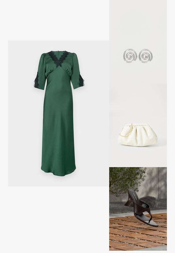 Langes grünes Satin-Kleid mit V-Ausschnitt und schwarzen Spitzenakzenten an den Schultern und Ärmeln, mit einem taillierten Oberteil und fließendem Rock.; Braune Calvin Klein Sandalette mit Absatz und Zehensteg, schwebend über einem Boden aus Holzfliesen und Kies im Freien, mit verschwommenem Grün und Stein im Hintergrund.; Weiße Lederhandtasche mit einem gerafften Design, ausgestattet mit einem goldenen Kettenriemen und einer runden Form. Glatte Textur mit sanften Falten und ohne Muster.; Paar silberne Spiral-Creolen mit glattem, rundem Design auf einfachem weißem Hintergrund.