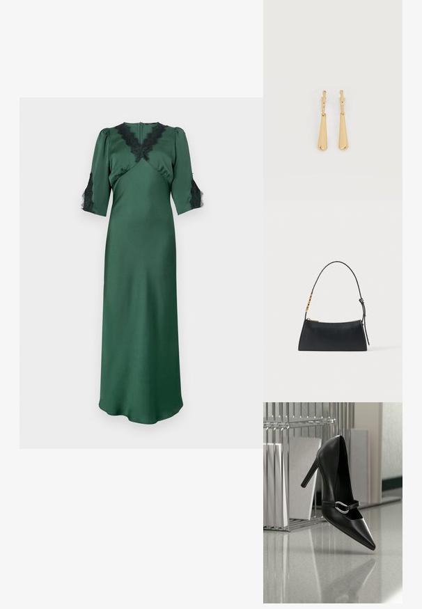 Langes grünes Satin-Kleid mit V-Ausschnitt und schwarzen Spitzenakzenten an den Schultern und Ärmeln, mit einem taillierten Oberteil und fließendem Rock.; Schwarzer, spitzer High-Heel-Schuh mit silberner Schnalle, auf einer reflektierenden Oberfläche nahe einem Metall-Datei-Organizer mit Papieren platziert.; Schwarze Lederhandtasche mit goldenem Reißverschluss und verstellbarem Riemen mit goldenen rechteckigen Details auf weißem Hintergrund.; Ohrhänger in Gold-Ton mit glatten, länglichen Tropfenanhängern, die an kleinen Creolenverschlüssen hängen, auf weißem Hintergrund.