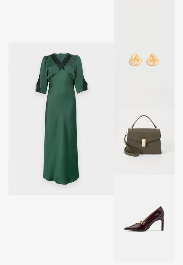 Langes grünes Satin-Kleid mit V-Ausschnitt und schwarzen Spitzenakzenten an den Schultern und Ärmeln, mit einem taillierten Oberteil und fließendem Rock.; Patente burgunderfarbene High Heels mit spitzer Zehenpartie, Knöchelriemen mit goldfarbenen Beschlägen und einer eleganten, polierten Oberfläche. Erhöhter Stiletto-Absatz.; Kleine olivgrüne Handtasche mit strukturiertem Design, ausgestattet mit einem oberen Griff, abnehmbarem Schulterriemen und einem Verschluss in Goldoptik auf der Vorderseite.; Paar glänzende Ohrstecker in Form eines Knotens in Goldton vor einem einfachen weißen Hintergrund.