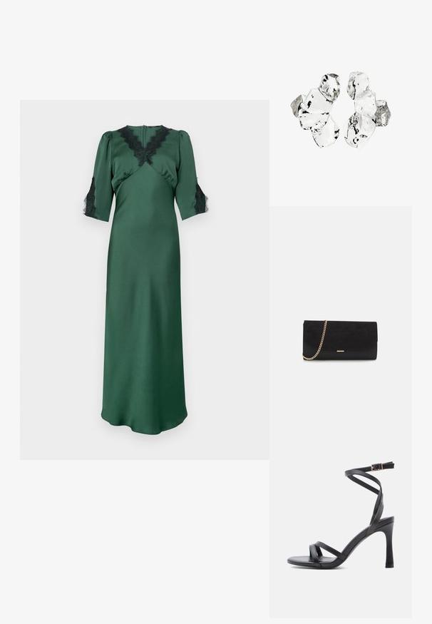 Langes grünes Satin-Kleid mit V-Ausschnitt und schwarzen Spitzenakzenten an den Schultern und Ärmeln, mit einem taillierten Oberteil und fließendem Rock.; Schwarze Sandaletten mit hohem Absatz und schlankem Design, ausgestattet mit zwei schmalen Riemen über den Zehen und einem gekreuzten Knöchelriemen mit Schnalle.; Schwarze Clutch aus Wildleder mit strukturierter Oberfläche, ausgestattet mit einem goldenen Kettenriemen und einem eleganten, kantigen Design.; Cluster von sechs unregelmäßig geformten, transluzenten und reflektierenden glasähnlichen Stücken, angeordnet auf weißem Hintergrund.