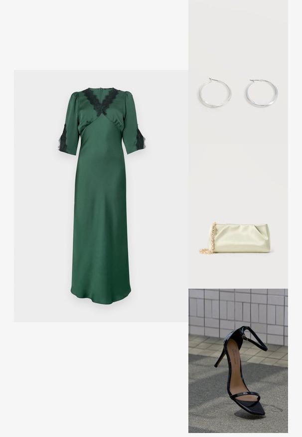 Langes grünes Satin-Kleid mit V-Ausschnitt und schwarzen Spitzenakzenten an den Schultern und Ärmeln, mit einem taillierten Oberteil und fließendem Rock.; Schwarze, hochhackige Sandale aus Lackleder mit Knöchelriemen, goldener Schnalle und spitzer Zehenpartie, auf einer gefliesten und asphaltierten Fläche aufrecht stehend.; Sanftes, hellgrünes Satin-Clutch mit goldener Kettenriemen und Kristallverzierung, rechteckige Form mit sanften Falten vor schlichtem Hintergrund.; Silberne Metallcreolen mit glatter, leicht gebogener Oberfläche und Klappverschluss vor schlicht weißem Hintergrund.
