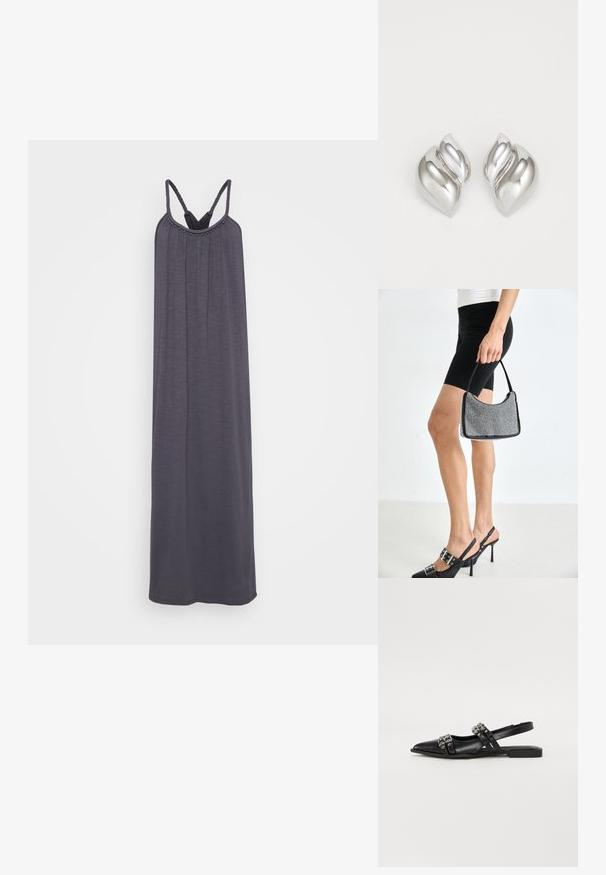 Vestido maxi sin mangas en gris oscuro con tirantes trenzados y escote fruncido, que presenta una textura suave y lisa. Sin patrones visibles ni elementos de metal.; Even&Odd Bailarinas con tira trasera - black; Bolso de cuentas negras con una silueta curva, asa de transporte y textura brillante. Llevado con zapatos de tacón altos negros y pantalones cortos negros ajustados.; Pendientes de plata con una forma orgánica y abstracta. Superficie lisa y brillante con un diseño cónico. Presentan suaves curvas y un detalle de línea central.