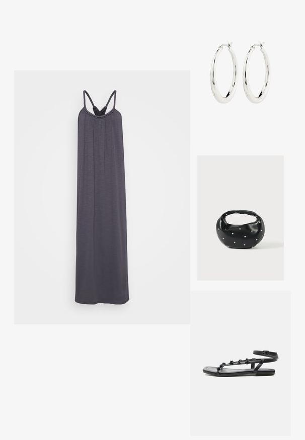 Vestido maxi sin mangas en gris oscuro con tirantes trenzados y escote fruncido, que presenta una textura suave y lisa. Sin patrones visibles ni elementos de metal.; Sandalia plana negra con correa en el tobillo y pequeñas decoraciones florales en las tiras delanteras delgadas, mostrada de lado sobre un fondo blanco.; Bolso de mano de cuero negro con forma redondeada, decorado con detalles de tachuelas plateadas y un asa corta. Textura lisa y cierre con cremallera.; Pendientes de aro de plata con un acabado suave y brillante. Forma circular, con un cierre seguro. Diseño sencillo y elegante.