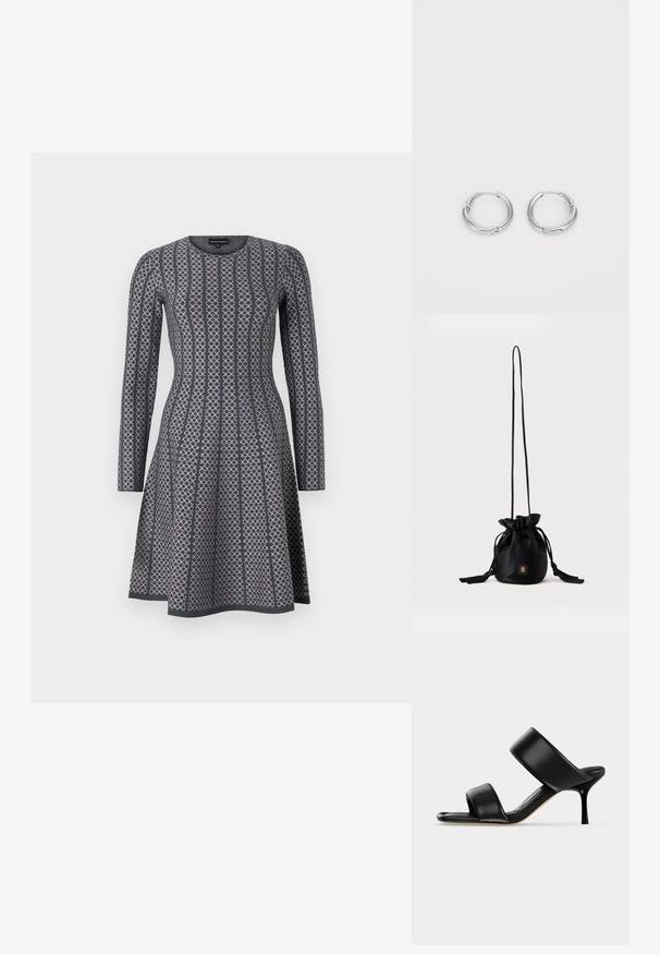 Langärmliges Kleid in Dunkelgrau mit geometrischem Muster in Hellgrau, runder Halslinie und ausgestellt Rock. Glatte Textur.; Schwarze Leder-Mule-Sandale mit zwei breiten Riemen und einem schlanken, mittelhohen Stilettoabsatz auf einem schlichten hellen Hintergrund.; Schwarze Bucket Bag mit Kordelzug, langem dünnem Riemen und kleinem goldenem quadratischem Logo vorne, vor einfachem Hintergrund präsentiert.; Silberne Creolen mit glatter, polierter Oberfläche. Kreisform mit einem kleinen Verschlussdetail für den Schließmechanismus. Minimalistisches Design, leicht.