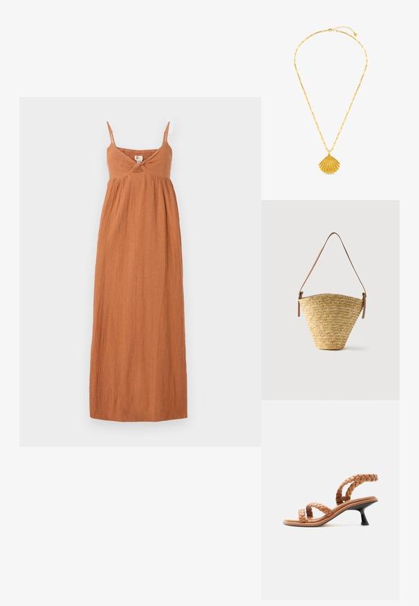 Robe longue couleur rouille en tissu léger. Comprend des bretelles spaghetti ajustables, un corsage froncé et une jupe fluide. Fini texturé.; Sandale beige à brides avec des lanières en cuir tressé et un petit talon kitten noir, vue de profil sur fond blanc.; Sac seau en paille tissée avec une base large, un sommet étroit et une bandoulière en cuir marron ajustable.; Collier chaîne en or avec pendentif coquillage en or texturé et fermoir à longueur ajustable sur fond blanc.