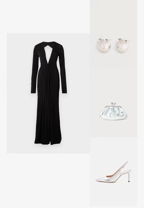 Sort aftenkjole med lange ærmer, dyb V-udskæring, nøglehul tilbage, indsnævret talje detalje og en flydende design. Lavet af et blødt, let stof.; Sølv spids tå slingback stilet med spænde og slank mellemhøj hæl.; Lille sølvfarvet metallisk clutch-pung med rundet, rynket design og lukning med to sølvkugler.; Par af skinnende sølv store øreringe med lukning på bagsiden mod en ensfarvet hvid baggrund.