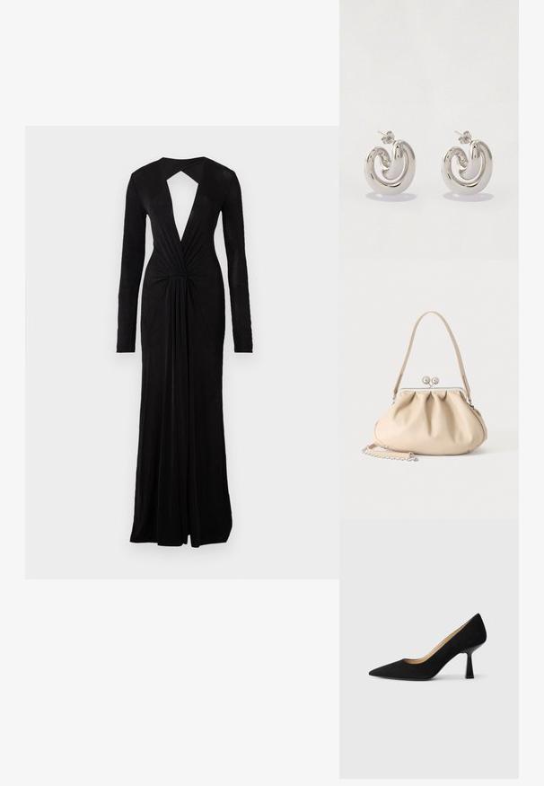 Robe de soirée noire avec des manches longues, décolleté en V profond, dos en trou de serrure, détail de taille froncée et design fluide. Fabriquée dans un tissu doux et léger.; Pompe à talons hauts en suède noir avec un bout pointu, dotée d'un talon bloc noir brillant et d'une doublure intérieure lisse.; Sac à main en cuir souple beige avec un fermoir en métal argenté, une bandoulière simple et une bandoulière chaîne optionnelle sur fond blanc.; Boucles d'oreilles en métal argenté avec un design tourbillonnant, présentant des surfaces lisses et une finition polie, maintenues par un fermoir en papillon.