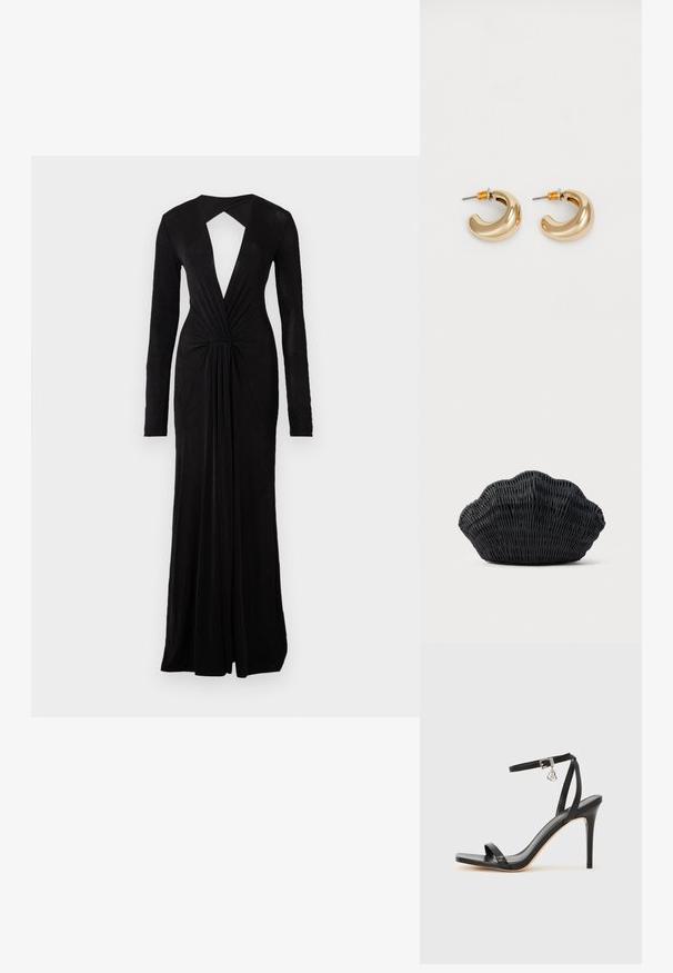 Robe de soirée noire avec des manches longues, décolleté en V profond, dos en trou de serrure, détail de taille froncée et design fluide. Fabriquée dans un tissu doux et léger.; Sandale à talon haut noire avec une bride étroite à la cheville, bout carré, cuir lisse et accent de boucle métallique.; Sac à main en osier noir en forme de coquille Saint-Jacques avec un dessus courbé et une texture tressée sur un fond uni.; Deux boucles d'oreilles en forme de cerceau en or brillant, avec un design courbé, présentant des accents orange près de la tige, sur fond blanc uni.