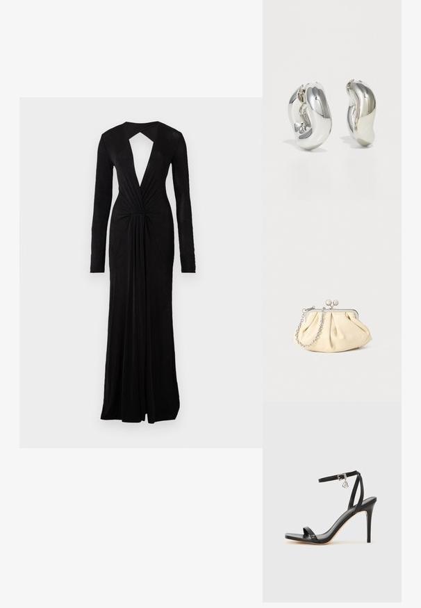 Robe de soirée noire avec des manches longues, décolleté en V profond, dos en trou de serrure, détail de taille froncée et design fluide. Fabriquée dans un tissu doux et léger.; Sandale à talon haut noire avec une bride étroite à la cheville, bout carré, cuir lisse et accent de boucle métallique.; Pochette en cuir beige plissé avec un cadre en métal argenté, dotée de deux fermoirs ronds décoratifs et d'une chaîne en argent.; Boucles d'oreilles sculpturales en argent avec des formes douces et courbes et des surfaces réfléchissantes. Présentent un design de boucle fermée et une forme organique distincte.