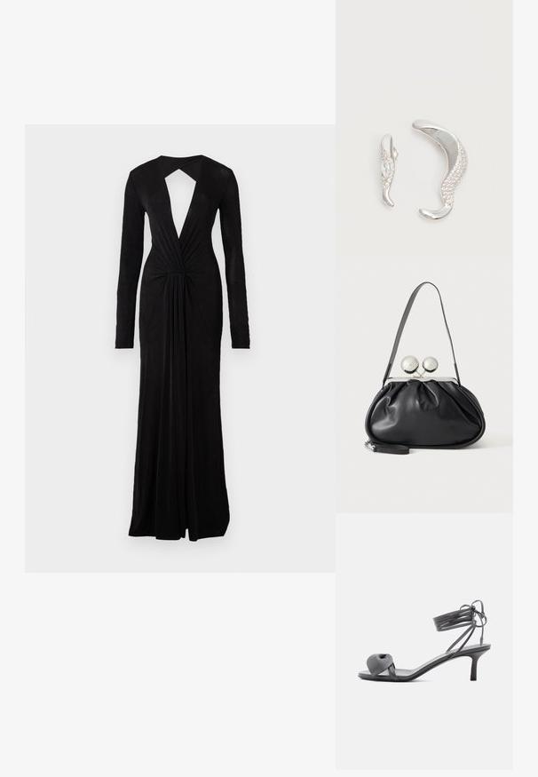 Sort aftenkjole med lange ærmer, dyb V-udskæring, nøglehul tilbage, indsnævret talje detalje og en flydende design. Lavet af et blødt, let stof.; Grå læder sandal med hæl, knyttet rem ved tæerne og snørebånd, der vikles om anklen, på slank mellemhøj hæl mod hvid baggrund.; Sort læderhåndtaske med opsamlet design, en enkelt rem, sølv metalramme og to store runde sølv lukninger.; To buede sølvøreringe, en større end den anden, begge prydet med små funklende krystaller langs den ene kant.