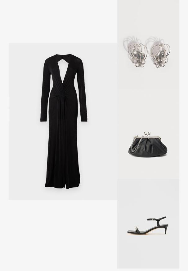 Robe de soirée noire avec des manches longues, décolleté en V profond, dos en trou de serrure, détail de taille froncée et design fluide. Fabriquée dans un tissu doux et léger.; Sandale noire en cuir à talon avec bride à la cheville, bout ouvert, devant carré et accent en métal argenté. Design ajusté avec un profil élégant.; Porte-monnaie en cuir noir avec texture froncée, cadre en métal argenté, fermeture à verrouillage kiss-lock et bandoulière en chaîne. Surface lisse et douce.; Paire de boucles d'oreilles en métal argenté avec un design en cage à fil ouvert et des formes ovales centrales lisses projetant des ombres courbes sur un fond blanc.
