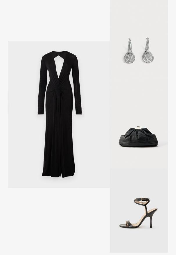 Vestido de noche negro con mangas largas, escote en V profundo, espalda con abertura, detalle en la cintura ceñida y un diseño fluido. Confeccionado en una tela suave y ligera.; Sandalia de tacón alto de charol negro con tira delgada en el tobillo y hebilla, punta abierta y tacón aguja esbelto sobre fondo blanco.; Bolso de mano de cuero negro con textura recogida, cierre de broche metálico y logo en relieve sutil en el frente. Forma redondeada.; Pendientes de aro plateados con colgantes redondos y planos incrustados con pequeños cristales transparentes sobre un fondo claro y liso.
