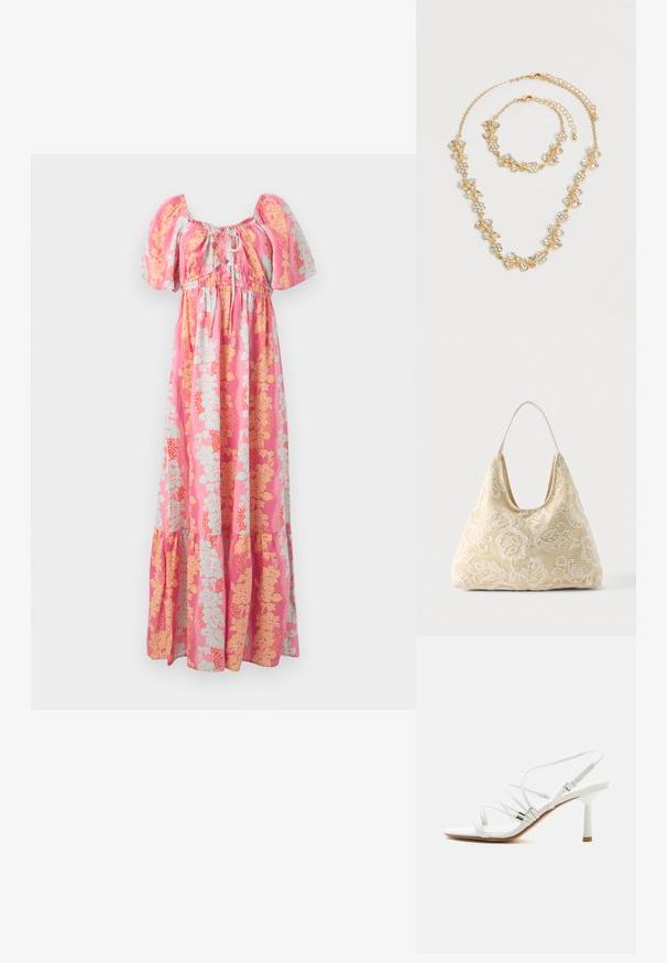Robe maxi rose avec des manches bouffantes, un décolleté avec lien à l'avant, et un motif floral jaune et bleu clair.; Sandale blanche à talons hauts avec fines brides, accents argentés, bout carré et talon fin de hauteur moyenne sur fond blanc uni.; Sac fourre-tout en tissu couleur crème avec motif crochet floral blanc et une seule fine bandoulière sur fond uni.; Ensemble collier et bracelet ton or avec motifs floraux et feuilles en cristal clair, tous deux avec fermoirs chaîne réglables sur fond blanc.