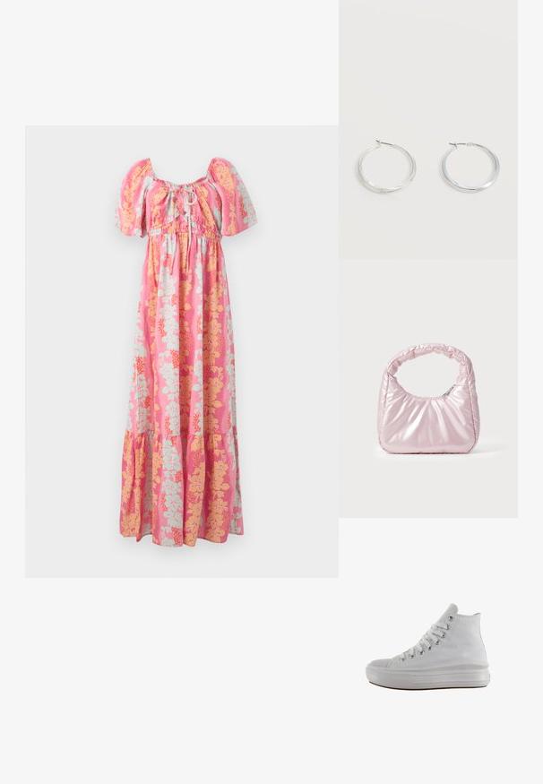 Robe maxi rose avec des manches bouffantes, un décolleté avec lien à l'avant, et un motif floral jaune et bleu clair.; Baskets montantes en toile blanche avec lacets blancs, œillets métalliques, semelle épaisse en caoutchouc et bout texturé, orientées vers la gauche sur fond blanc.; Sac à main rose rembourré avec un design arrondi, fabriqué à partir d'un matériau brillant. Dispose d'une poignée froncée et d'une fermeture éclair pour un accès sécurisé.; Boucles d’oreilles créoles en métal argenté avec une surface lisse légèrement incurvée et des fermoirs à clapet sur un fond blanc uni.