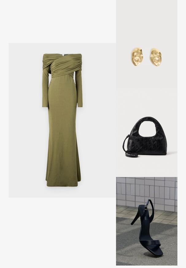 Vestido verde oliva de manga larga con diseño de hombros al descubierto. Cuerpo fruncido y silueta ajustada, que se estrecha hasta un dobladillo acampanado. Texture de tela suave.; Sandalia negra de tacón alto con correa en el tobillo y punta cuadrada, situada sobre el pavimento frente a una pared con azulejos.; Bolso de mano de piel negra con un asa curva en la parte superior, un sutil patrón de diamantes y una correa desmontable. La textura es suave con detalles en relieve.; Par de pendientes de metal dorado brillante, con forma irregular y superficie arrugada y lisa sobre un fondo claro y sencillo.