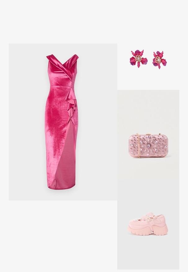 WAL G. HAILY RUFFLE MAXI - Vestido de fiesta - rose pink; Zapato de plataforma gruesa en color rosa con doble hebilla en forma de corazón, bordes de encaje y suela gruesa esculpida, sobre un fondo blanco liso.; Clutch de satén rosa con adornos de joyas, forma rectangular, cadena dorada y cierre de broche, con un diseño floral en strass.; Pendientes florales rosas hechos de plástico, con pétalos en capas en tonos degradados, acentuados con pedrería y una gema central.