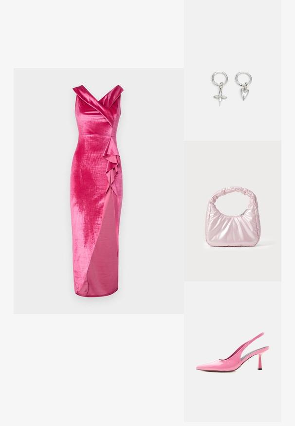 WAL G. HAILY RUFFLE MAXI - Vestido de fiesta - rose pink; Zapato de salón slingback rosa brillante con puntera puntiaguda y tacón bloque de altura media sobre fondo blanco.; Bolso de mano acolchado en color rosa con un diseño redondeado, fabricado en material brillante. Presenta un asa fruncida y un cierre de cremallera para un acceso seguro.; Pendientes de aro de plata con un charm de cruz y corazón. Textura suave y brillante con un acabado pulido. Cada charm cuelga de un lazo seguro.