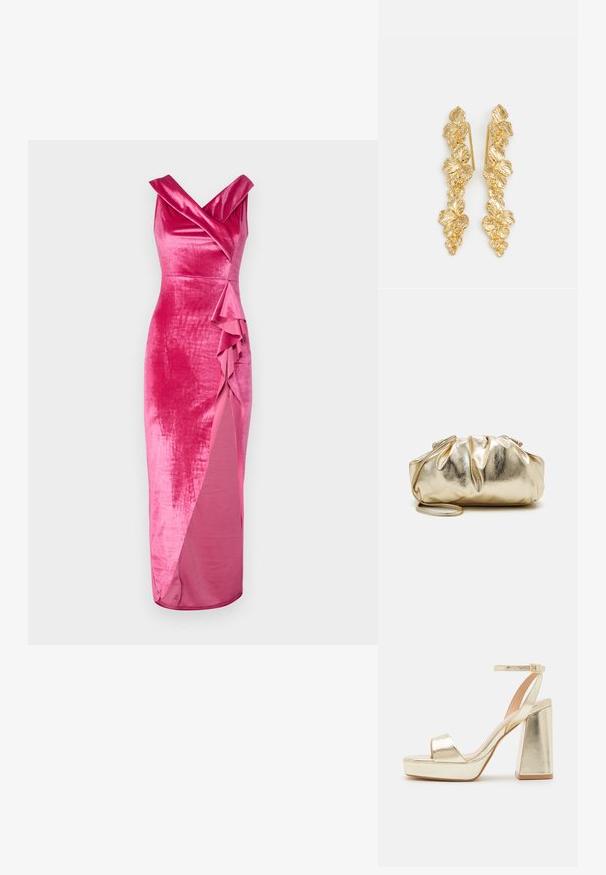 WAL G. HAILY RUFFLE MAXI - Pidulikud riided - rose pink; Kuldne metallist platvormsandlid avatud varbaga ja põlvepaelaga, millel on ruudukujuline plokknukk ja sile tekstuur.; Kuldne metallik käekott kortsus tekstuuriga, pehme ümmargune kuju ja eemaldatav ahelriba. Ülaosas on kokku kogutud kujundus.; Kuldseid, mis on kujundatud kaskaadsete lehtedena, sisaldades detailseid lehemustreid ja läikivat metallist viimistlust. Kerged ja delikaatse struktuuriga.