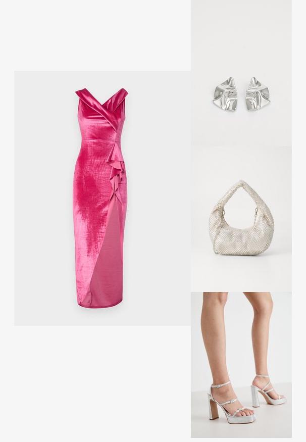 WAL G. HAILY RUFFLE MAXI - Ένδυση για ειδικές περιστάσεις - rose pink; Ασημί πλατφόρμες ψηλοτάκουνα σανδάλια με ιμάντες στον αστράγαλο, υφασμάτινη υφή, φαρδύτερη block τακούνι και ρυθμιζόμενους γάντζους.; Ασημί τσάντα τύπου mesh με στρογγυλό σχήμα, υφή και καμπυλωτή λαβή. Διαθέτει αλυσίδες και μαλακή, τσαλακωμένη μορφή.; Ασημένια σκουλαρίκια με κυματιστό, γλυπτικό σχέδιο που διαθέτουν γυαλιστερή φινίρισμα και ακανόνιστα σχήματα, αναδεικνύοντας μια σύγχρονη αισθητική.