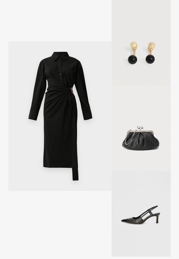 Robe chemise midi noire à manches longues avec col, bouton sur le devant et un drapé asymétrique à la taille maintenu par une boucle dorée sur le côté droit.; Chaussure à bride arrière en cuir noir avec bout pointu, dotée d'un accent brillant sur le bout et d'un talon de hauteur moyenne. Design latéral ouvert.; Porte-monnaie en cuir noir avec texture froncée, cadre en métal argenté, fermeture à verrouillage kiss-lock et bandoulière en chaîne. Surface lisse et douce.; Boucles d’oreilles clous en or avec une barre courte reliant une perle sphérique noire brillante plus grande, présentées sur un fond blanc.