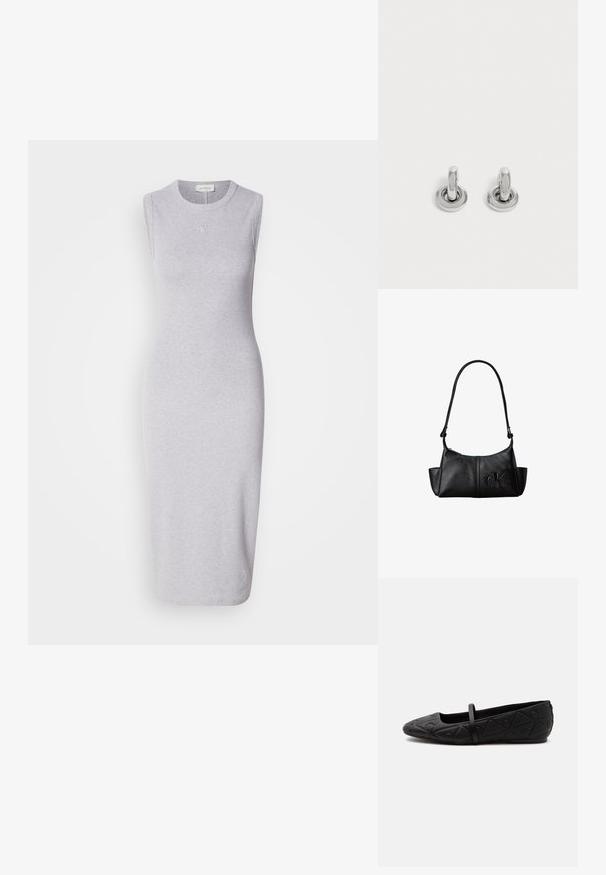 Robe midi sans manches grise en tissu mélange de coton. Dotée d'un col rond et d'un détail de logo subtil sur la poitrine. Texture lisse.; Chaussure plate noire avec un bout arrondi, un motif géométrique embossé et une fine bride unique sur le dessus, vue de profil.; Sac à bandoulière en cuir noir avec une longue sangle, des poches latérales et le logo Calvin Klein embossé sur le devant.; Paire de petites boucles d'oreilles créoles argentées brillantes avec une base ronde, présentées sur un fond clair uni.