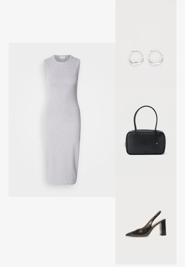 Vestido midi sin mangas gris hecho de una mezcla de algodón. Presenta un escote redondo y un sutil detalle del logo en el pecho. Textura suave.; Zapato slingback de piel negra con puntera puntiaguda, tacón alto y ancho, y forro interior beige sobre un fondo claro y liso.; Bolso rectangular negro con asas dobles redondeadas, cremallera dorada y logo "HUGO" en relieve en el frente con etiqueta de cuero adjunta.; Pendientes de aro de plata con un acabado pulido y la marca DKNY, exhibidos sobre un fondo blanco liso.