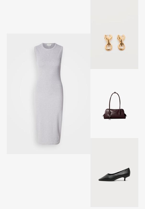 Robe midi sans manches grise en tissu mélange de coton. Dotée d'un col rond et d'un détail de logo subtil sur la poitrine. Texture lisse.; Escarpin femme en cuir noir à petit talon, bout pointu et petit talon kitten sur fond clair uni.; Sac à main en cuir brun foncé Calvin Klein avec de longues poignées doubles et un petit porte-clé logo suspendu à une poignée.; Paire de boucles d'oreilles créoles en bouclettes dorées brillantes sur fond blanc uni, présentant un design torsadé entrelacé.