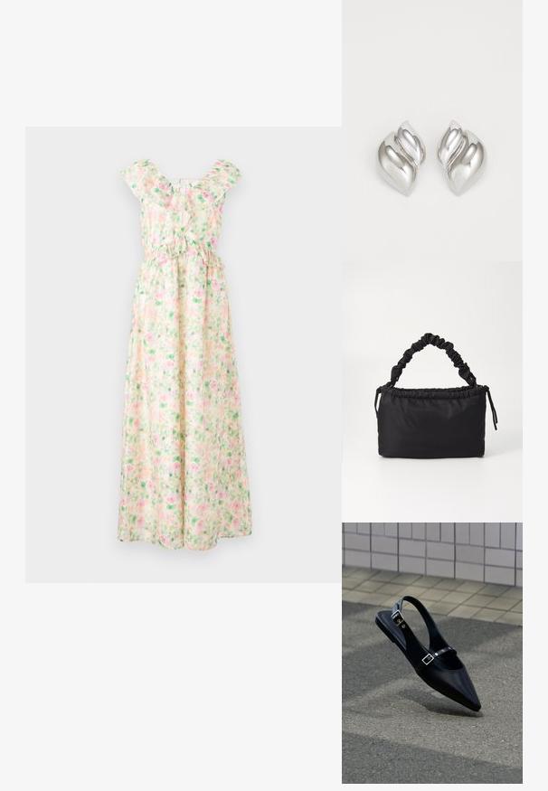 Vestido largo sin mangas con estampado floral en rosa y verde, escote con volantes y detalle de lazo cruzado en la parte superior de la espalda.; Zapato plano negro de punta puntiaguda con tiras de doble hebilla y talón descubierto, descansando sobre asfalto gris cerca de una pared con azulejos.; Bolso negro hecho de tela suave y lisa. Presenta un asa fruncida y cierre con cordón, con forma rectangular y sin herrajes visibles.; Pendientes de plata con una forma orgánica y abstracta. Superficie lisa y brillante con un diseño cónico. Presentan suaves curvas y un detalle de línea central.