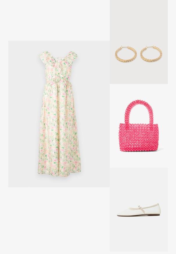 Ärmelloses langes Blumenmusterkleid in Pink und Grün mit Rüschen am Ausschnitt und gekreuzten Bändern am oberen Rücken.; Weißer Mary Jane Ballerinaschuh mit spitz zulaufender Schuhspitze, dünnem verstellbarem Riemen mit silberner Schnalle und brauner Sohle auf weißem Hintergrund.; Kleine hellrosa Handtasche aus durchsichtigen, runden Perlen mit einem stabilen, perlenbesetzten Griff.; Paar goldene Creolen mit klaren runden Edelsteinen, auf einem schlichten weißen Hintergrund dargestellt.