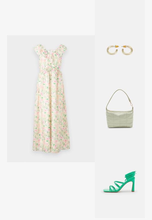 Ärmelloses langes Blumenmusterkleid in Pink und Grün mit Rüschen am Ausschnitt und gekreuzten Bändern am oberen Rücken.; NA-KD STRAPPY FUNNEL - High Heel Sandalette - green; Gepolsterte grüne Schultertasche mit weicher Textur, rechteckiger Form, einem Trageriemen und goldfarbener Reißverschlussöffnung. Verfügt über ein gestepptes Muster.; Goldfarbene Creolen mit einer glatten, abgerundeten Form und einer polierten Oberfläche. Mit orangefarbenen Akzenten auf der Rückseite für sicheren Halt.