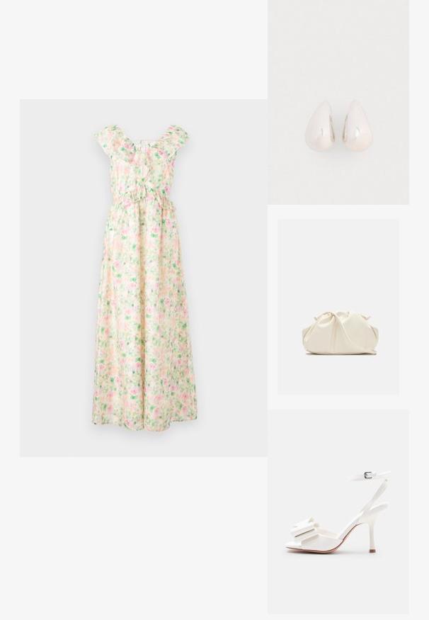 Ärmelloses langes Blumenmusterkleid in Pink und Grün mit Rüschen am Ausschnitt und gekreuzten Bändern am oberen Rücken.; Weiße Sandalette mit hohem Absatz, Knöchelriemen, offenem Zehenbereich und dekorativer Schleife am vorderen Riemen vor einfachem Hintergrund.; Weiche, cremefarbene Leder-Clutch mit gerafftem Design und einem dünnen Schulterriemen, der vorne auf einem schlichten Hintergrund liegt.; Silberne Metall-Ohrringe in Tropfenform mit einer glatten, reflektierenden Oberfläche, die ein nahtloses Design und keine sichtbaren Verzierungen aufweisen.