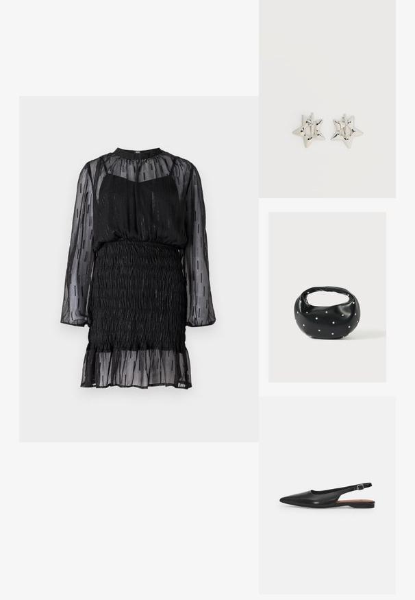 Mustmust mustriga, pika varrukaga must läbipaistev kleit, smockitud rinnaosa ja frillide äär. Tekstuuriga disain sisaldab vertikaalseid riba ja peent sädelust.; Must musta slingback kingad terava ninaga, õrna läikega ja reguleeritava ankle strapiga. Lame konts ja pruun sisetald.; Mustast nahast ümmarguse kujuga käekott, kaunistatud hõbedaste naeladega, lühikese sangaga. Sile tekstuur ja tõmblukuga sulgemine.; Hõbedast tähekujulised rõngaskõrvarõngad, millel on sile ja poleeritud viimistlus, tavalise valge taustaga.